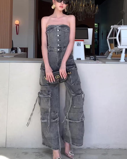 Denim Tube Top Single-breasted Jumpsuit