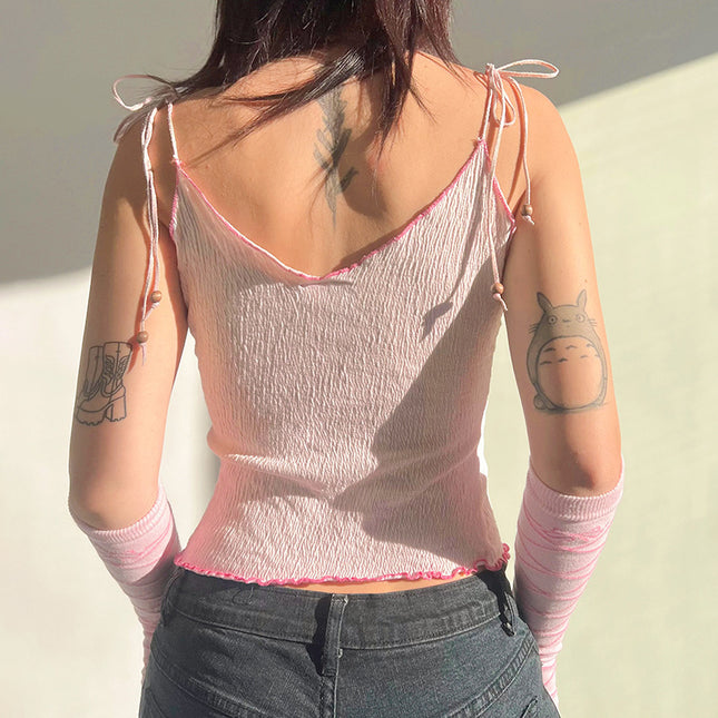 American Texture Butterfly Print Lace-up Vest Outer Wear Base Tight Edge V-neck Small Sling