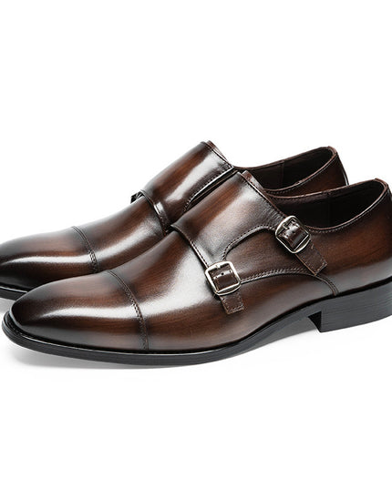 Double Buckle Design First Layer Cowhide Men's Business Leather Shoes