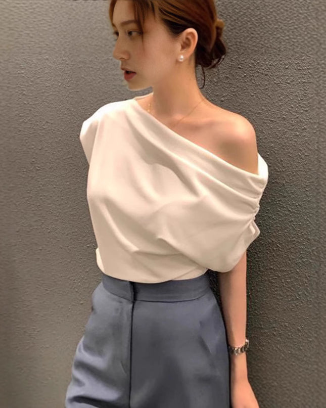 Irregular Shoulder Design Loose Solid Color Pullover Short Sleeve T-shirt