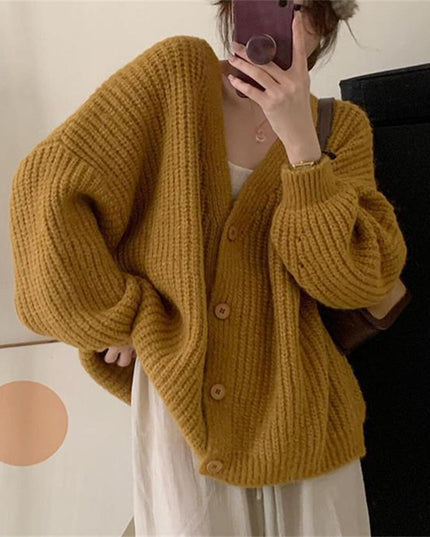 V-neck Knitted Cardigan Women's Thick Needle Loose Sweater
