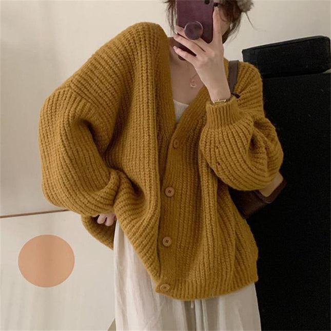 V-neck Knitted Cardigan Women's Thick Needle Loose Sweater