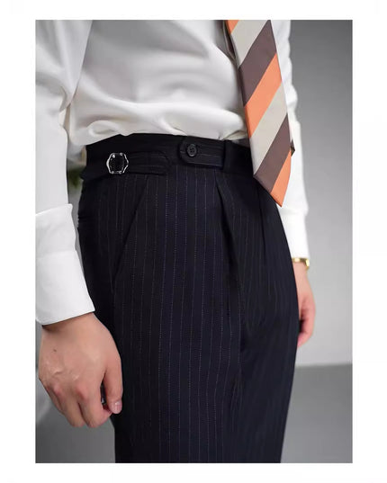 Autumn Wool Blended Single Pleated Striped Suit Pants