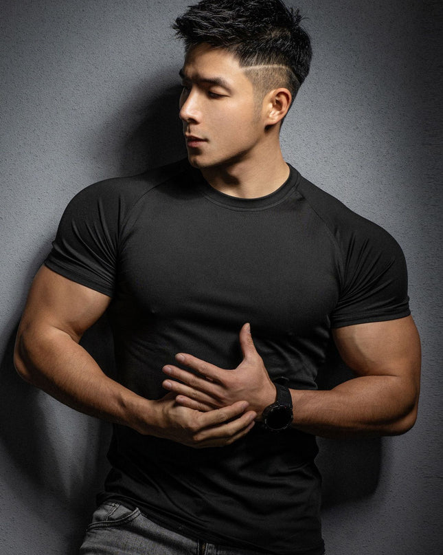 Men's Sports Casual Workout Stretch Quick-drying Solid Color Short Sleeve T-shirt
