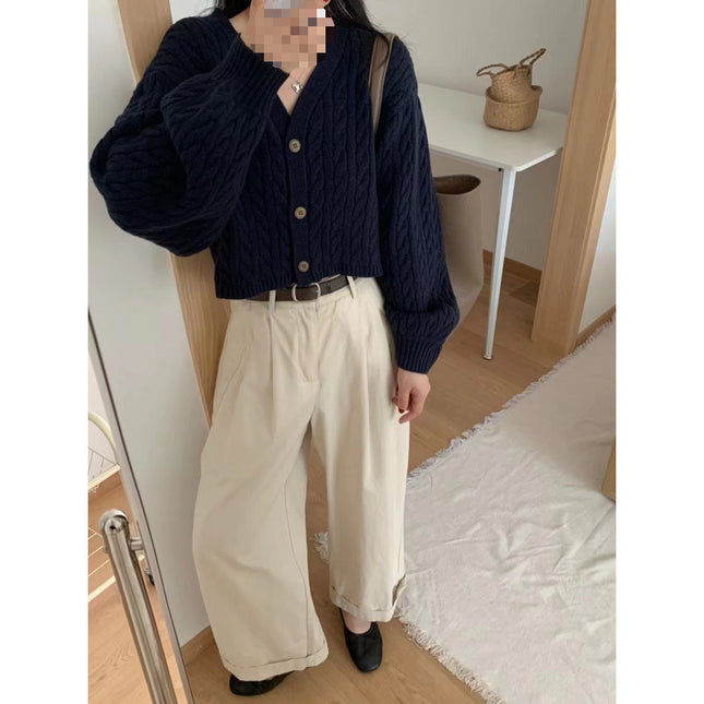 Twist Outer Wear V-neck Sweater Needle Woven Women's Cardigan