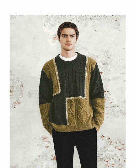 Men's Retro Casual Contrast Color Patchwork Round Neck Knitwear