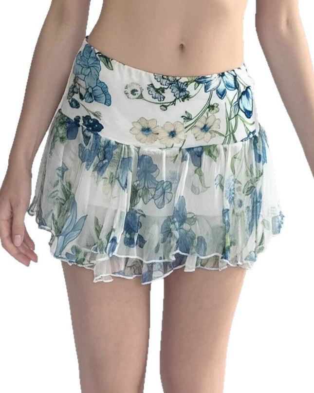 American Street Style Mesh Floral Print Irregular Skirt