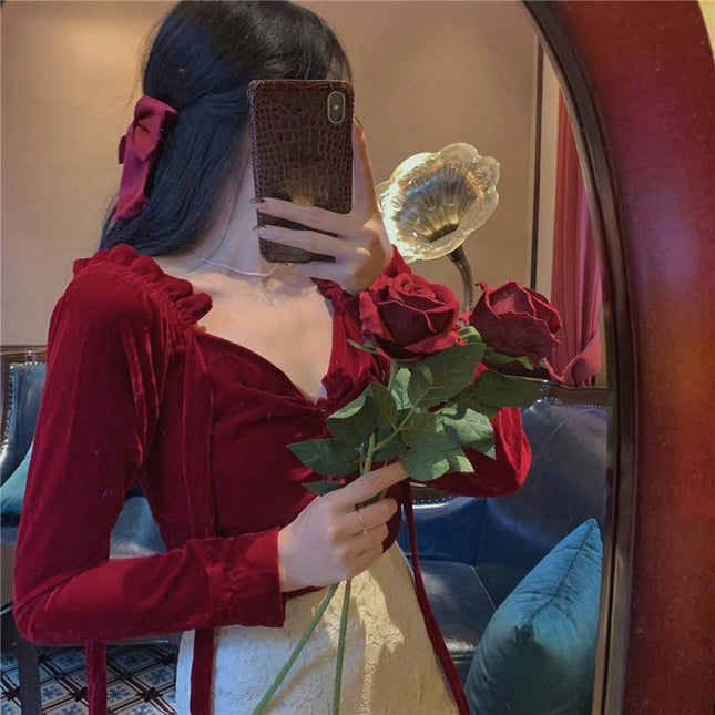 French Palace Style Red Shirt Women Autumn And Winter Style Self-cultivation