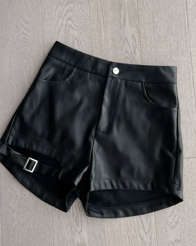 Black Buckle Washed Leather Shorts For Women