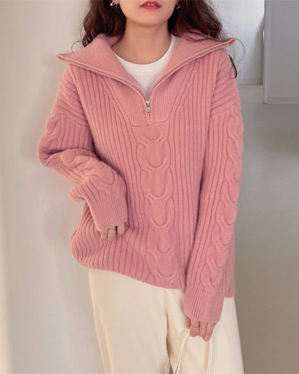Half Zipper And Lapel Thick Sweater For Women Autumn And Winter