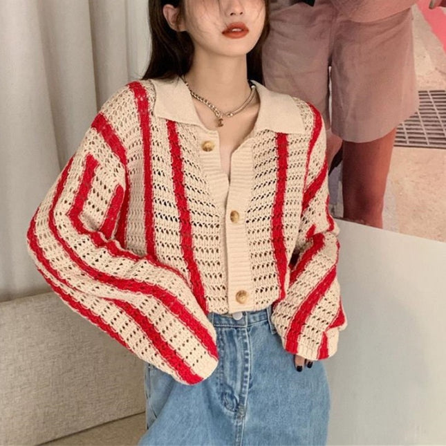 Contrast Color Loose And Lazy Style Slimming Sweater Coat Cardigan