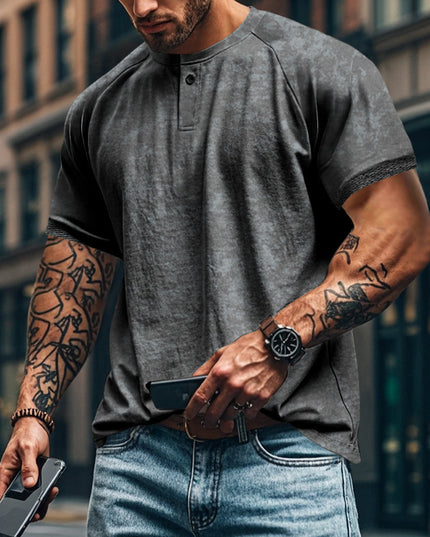 Retro Distressed Henry Collar Short Sleeve Men's T-shirt Heavy Slim Fit Raglan American Style Men's Short Sleeve