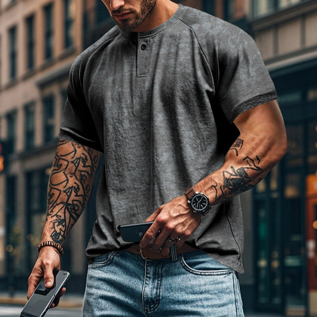 Retro Distressed Henry Collar Short Sleeve Men's T-shirt Heavy Slim Fit Raglan American Style Men's Short Sleeve