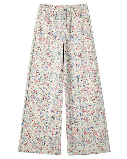 Small Fish Graffiti Pattern Straight Wide Leg High Waist Casual Trousers