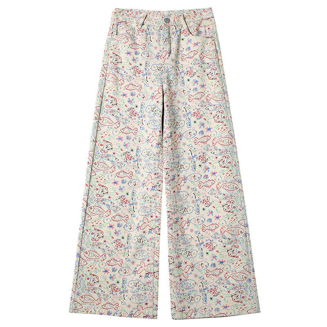 Small Fish Graffiti Pattern Straight Wide Leg High Waist Casual Trousers