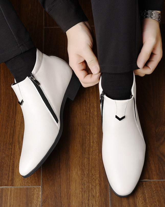 Men's Pointed White Striped Embossed Side Zipper Leather Ankle Boots