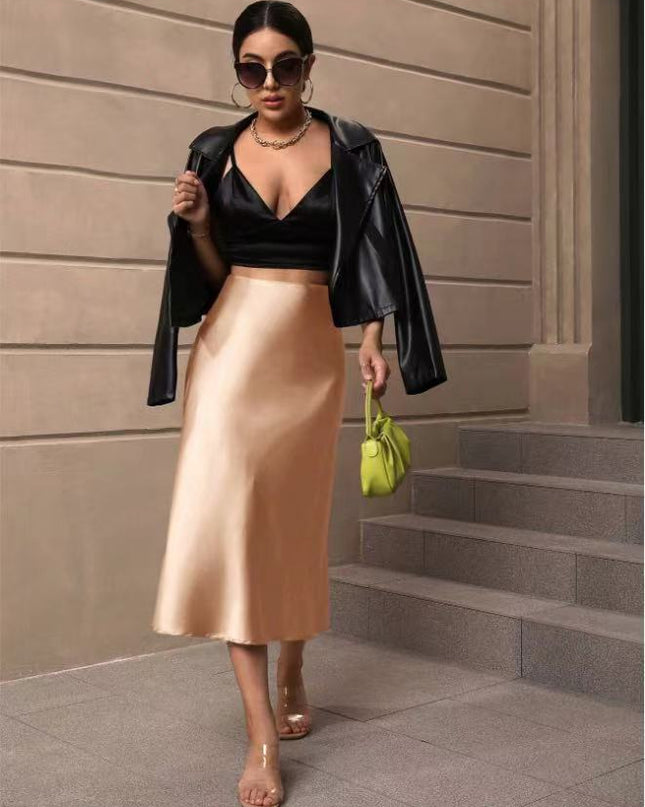 European And American Elegant Style A- Line Satin Skirt