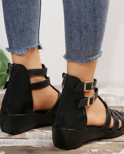 Women's Hollow-out Open Toe Zip Wedge Sandals