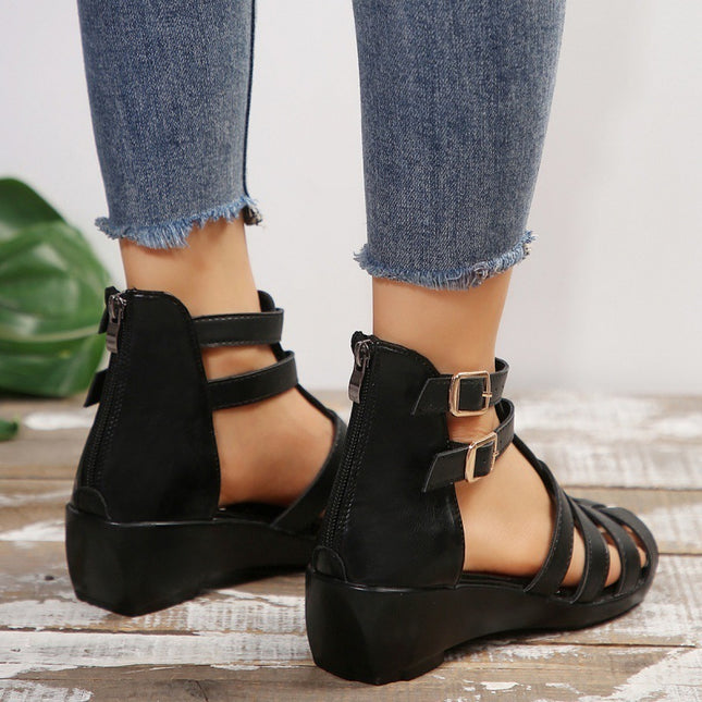 Women's Hollow-out Open Toe Zip Wedge Sandals