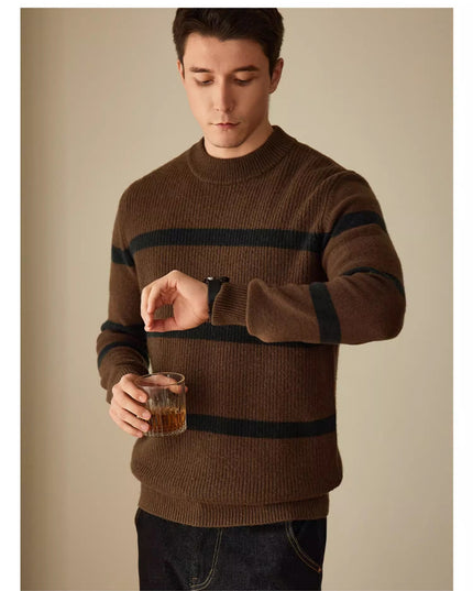 Pure Wool Men's Casual Striped Contrast Color Warm Sweater