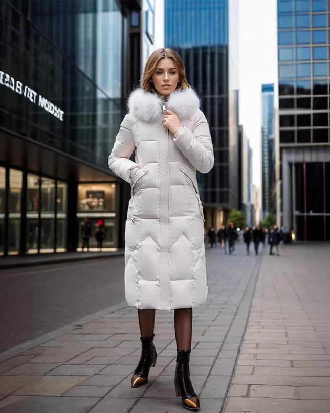 Slim Fit Below The Knee Cotton Coat Big Fur Collar Thickened Padded Jacket