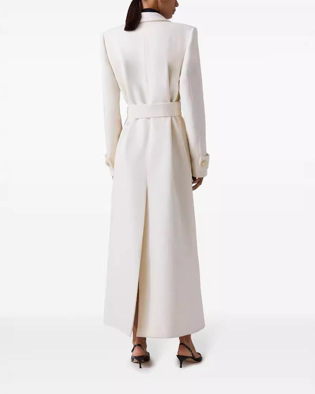 Elegant Double Breasted Lace Up Slim Fit Extended Women's White Back Slit Overcoat Coat