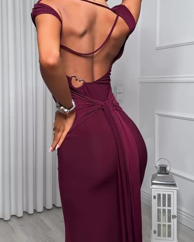 Burgundy Backless Strappy Maxi Dress