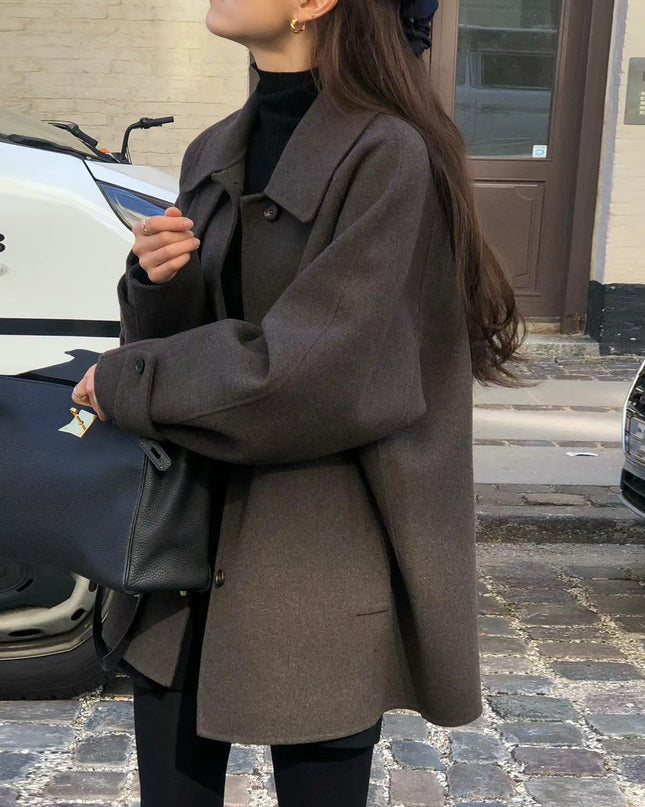 Lapel Single Breasted Mid-length Woolen Coat