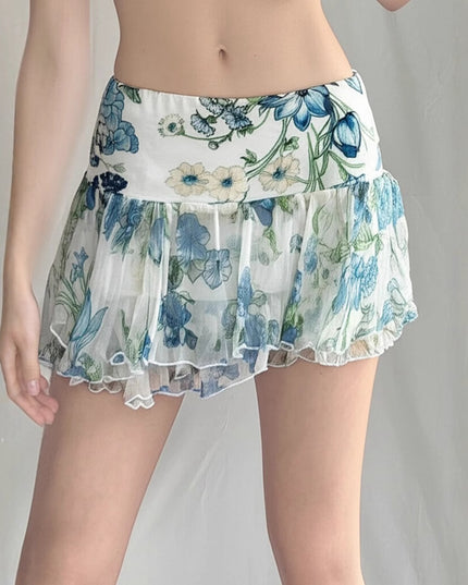 American Street Style Mesh Floral Print Irregular Skirt