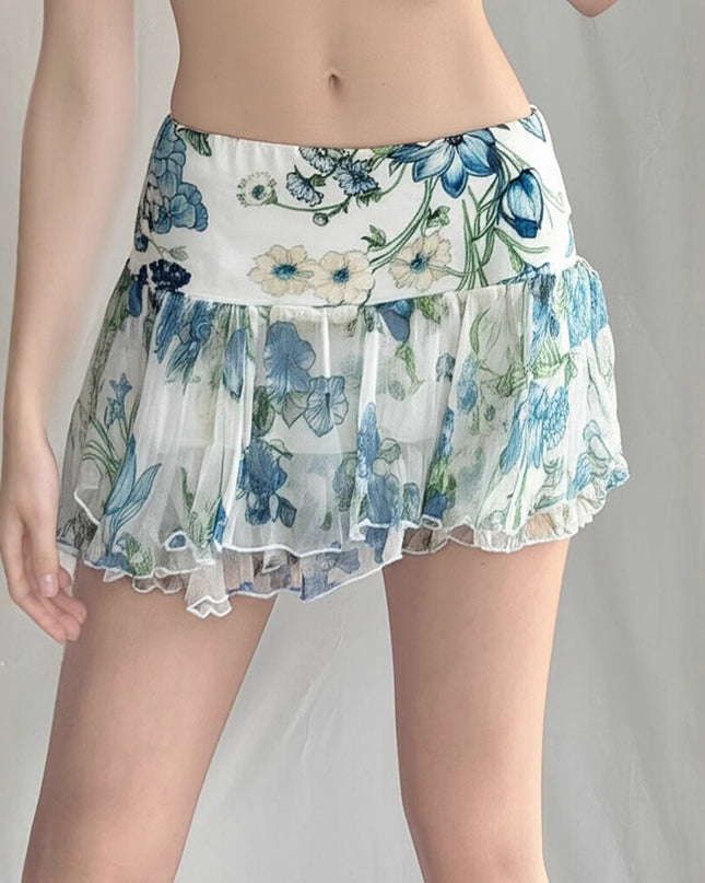 American Street Style Mesh Floral Print Irregular Skirt