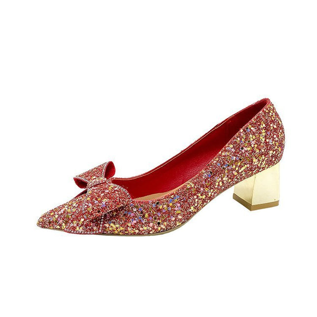 Crystal Sequins Wedding Xiuhe Chunky Heel Pointed-toe Shoes