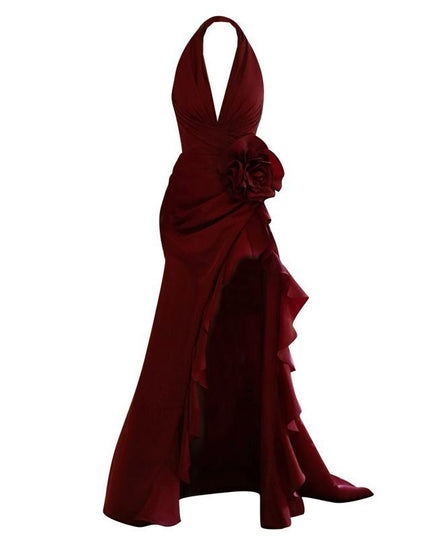 Socialite Style Wine Red Elegant Halter Bride Wedding Toast Dress