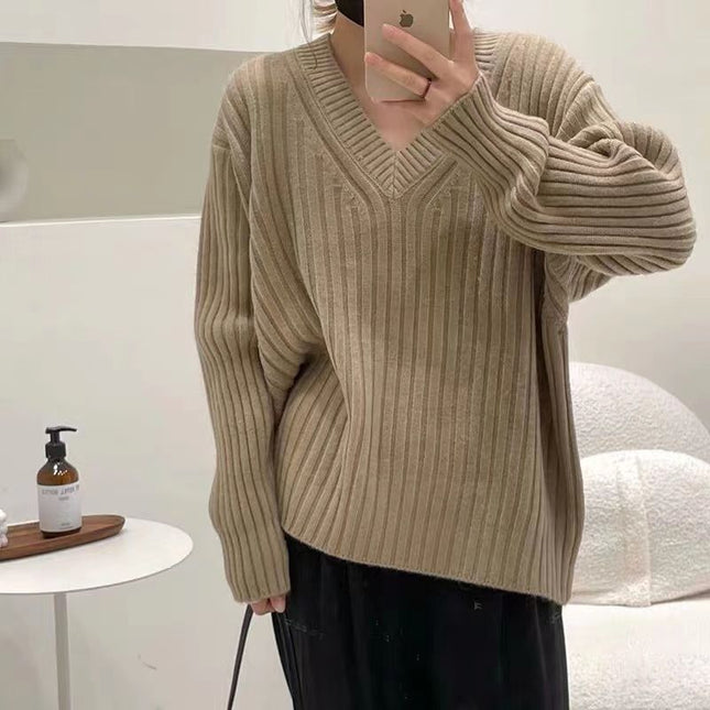 Retro V-neck Pullover Women's Loose Sweater