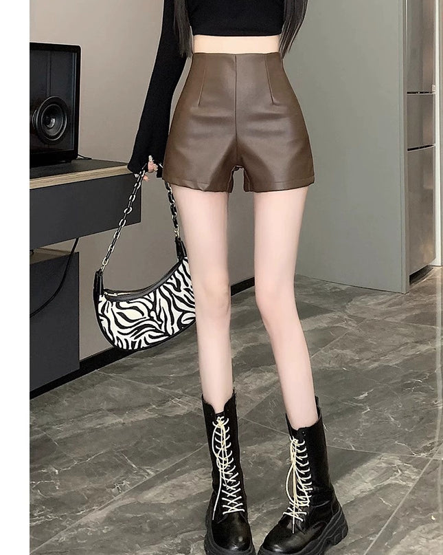Women's High Waist Outer Wear Slimming PU Leather Shorts