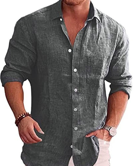 Men's Loose Plus Size Solid Color Shirt Linen Lapel Long Sleeve Casual Shirt