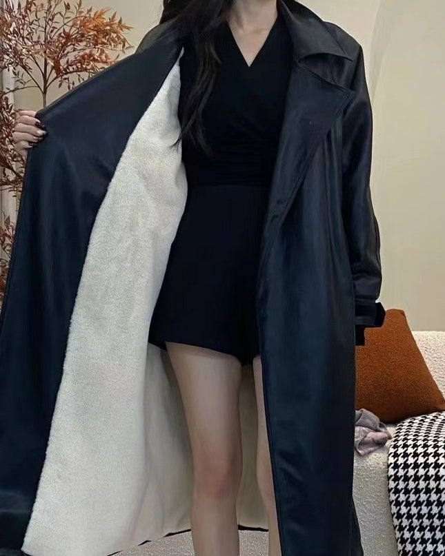 Women's Fashionable Temperament Long Knee Length PU Leather Coat