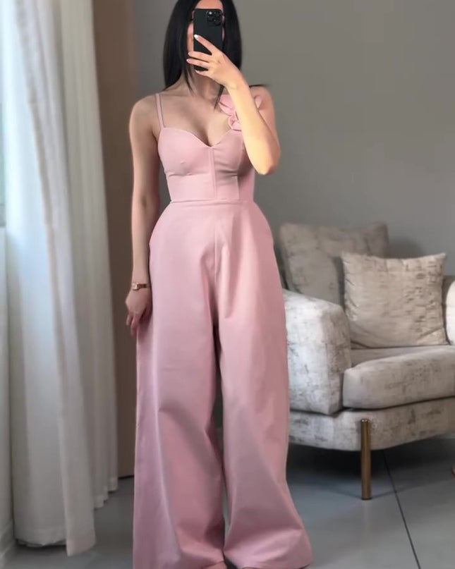 Solid Color Three-dimensional Floral Lace-up Jumpsuit