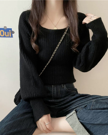 Western Style Low Collar Long Sleeves Top Slim-fit Sweater
