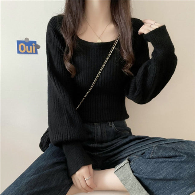 Western Style Low Collar Long Sleeves Top Slim-fit Sweater