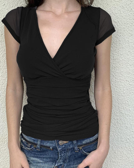 Deep V Design Small Pleated Pure Color Mesh Stitching Short Sleeve