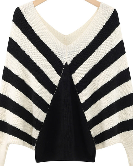Plus Size Stripe Contrast Color V-neck Long-sleeve Knitwear