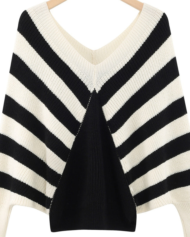 Plus Size Stripe Contrast Color V-neck Long-sleeve Knitwear