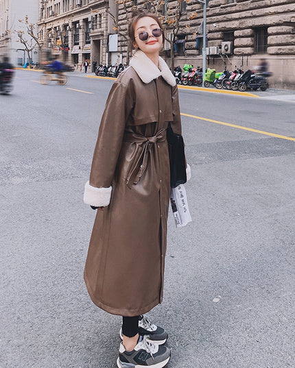 Women's Thickened Fur Long Leather Jacket For Locomotive