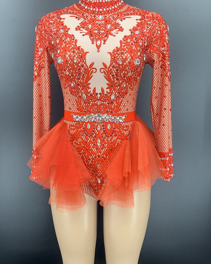 Dance Sexy Shiny Rhinestone Mesh Jumpsuit Stage Performance Costume Women