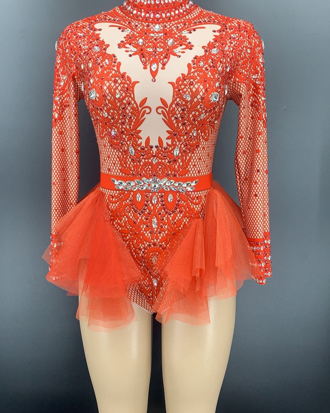 Dance Sexy Shiny Rhinestone Mesh Jumpsuit Stage Performance Costume Women