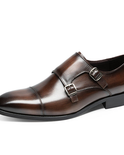 Double Buckle Design First Layer Cowhide Men's Business Leather Shoes