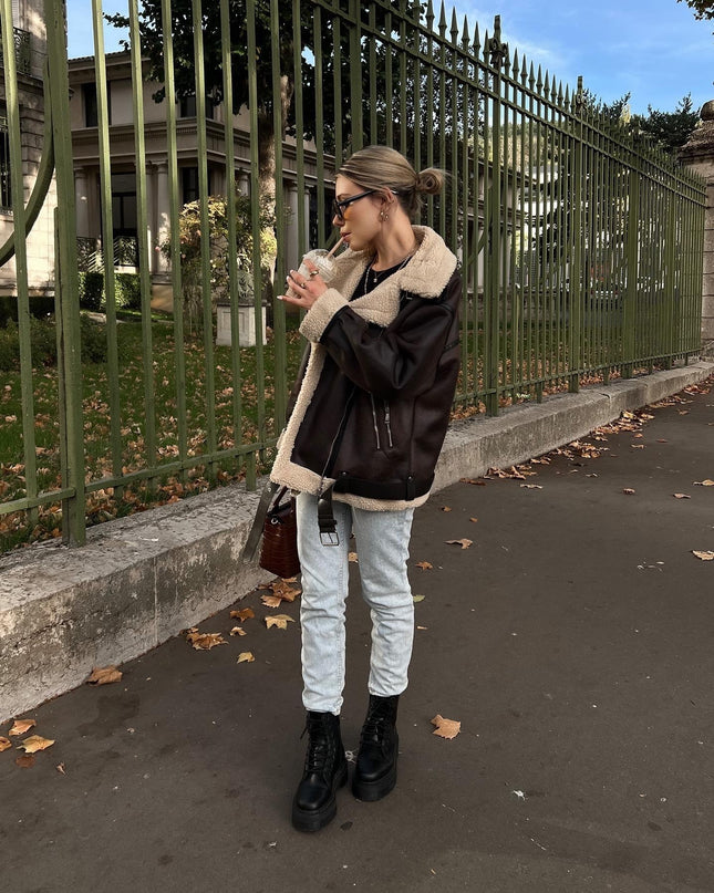 French Fur Integrated Multi-zipper All-matching Long Long Sleeve Jacket