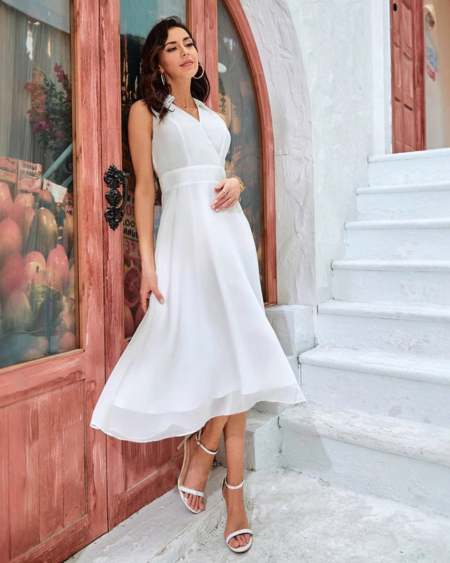 Women's V-neck Solid Color Sleeveless Chiffon Dress