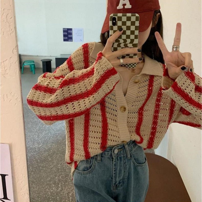 Contrast Color Loose And Lazy Style Slimming Sweater Coat Cardigan