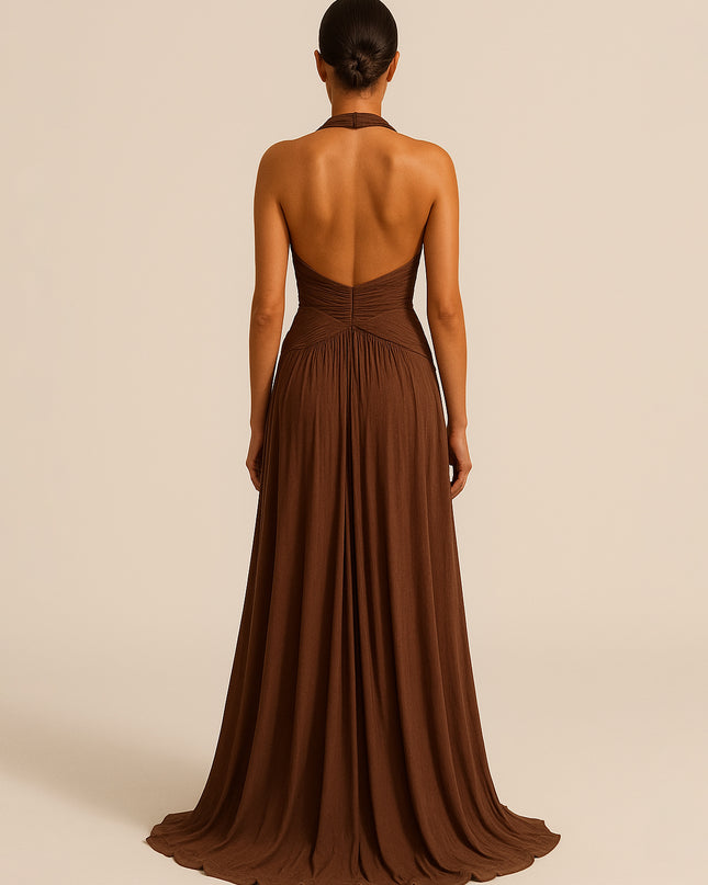 Brown Halter Back Maxi Dress